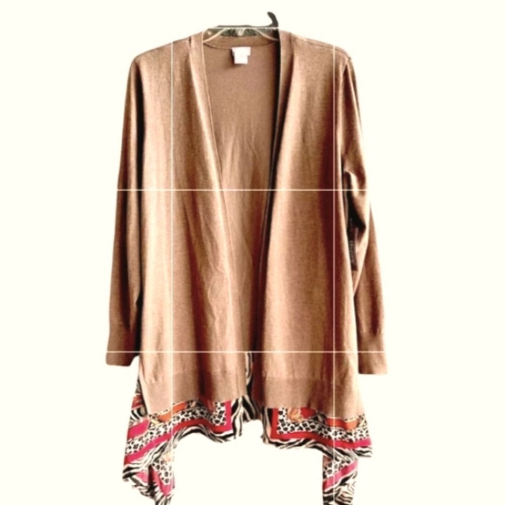 Chico's Heather Animal Print Scarf Hem Open Front Kimono Cardigan Coverup XL